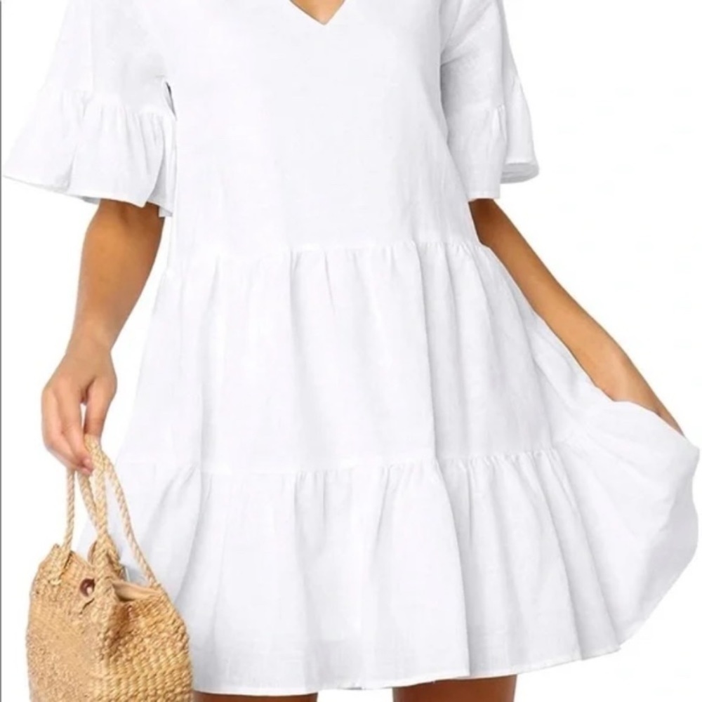 Sun Dress Cotton S/S Tiered Babydoll V neck White Size LARGE - Picture 3 of 10